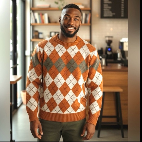 JANTZEN VINTAGE RUST ORANGE & GRAY CREWNECK GRANDPA SWEATER MEN MED - Picture 1 of 15